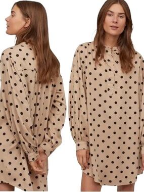 H&M Beige Long Sleeve Polka Dot Dress with Black Dots, Size M